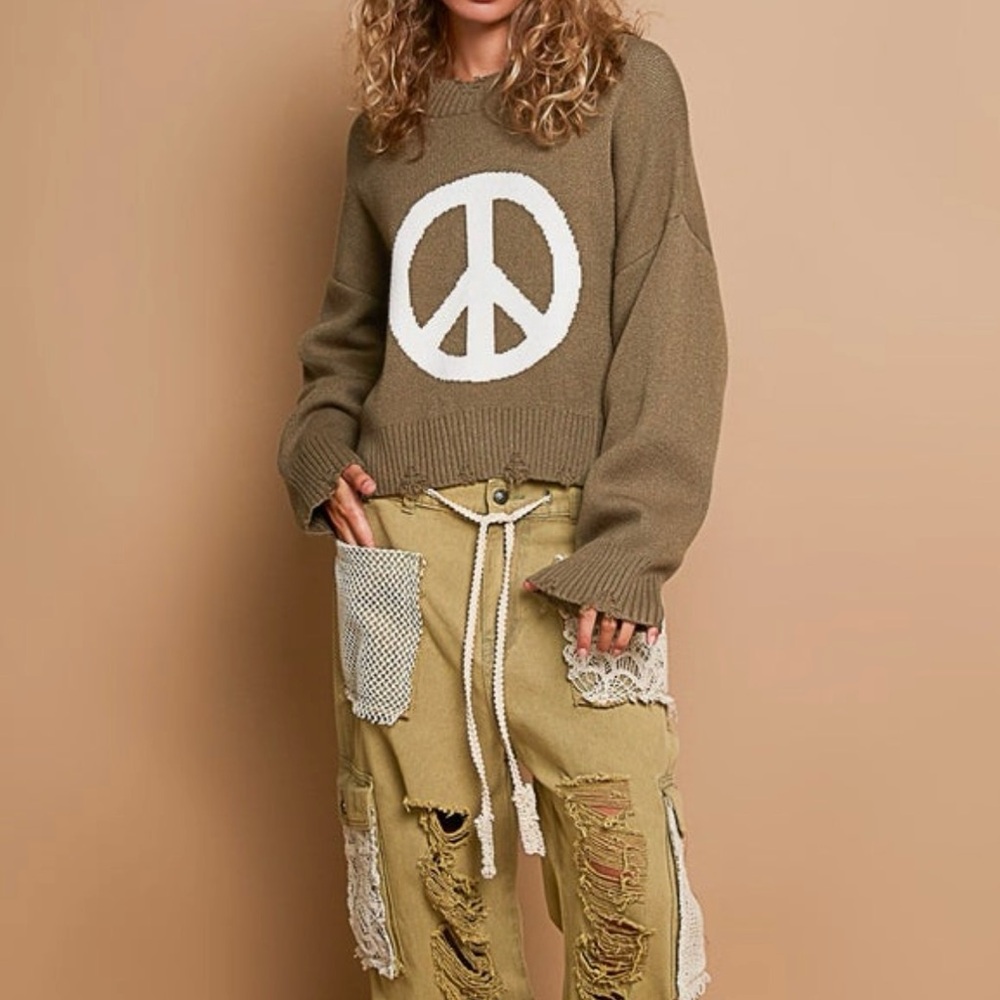 POL Distressed Olive Peace Sign Sweater